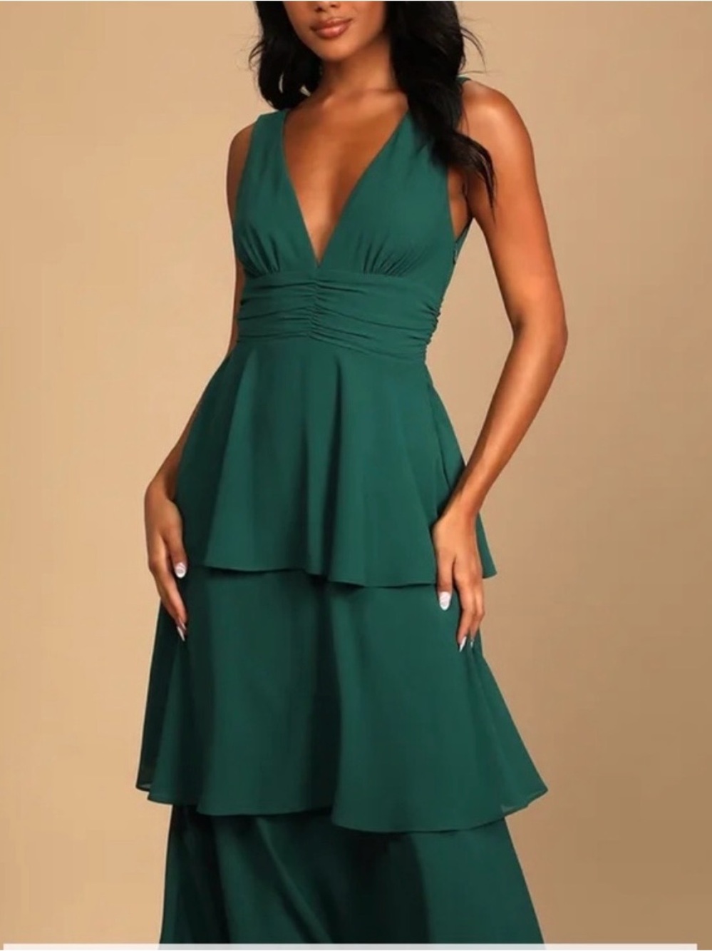 Lulu's Emerald Green V-Neck Tiered Maxi Dress